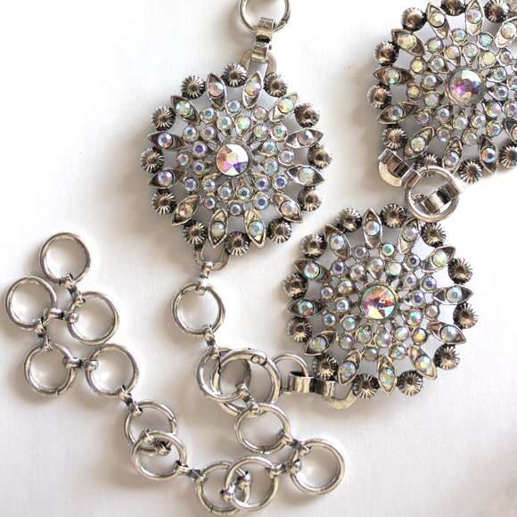 Rhinestone Concho Floral Flower Metal Link Belt Aurora Borealis AB Accents - Picture 2 of 3